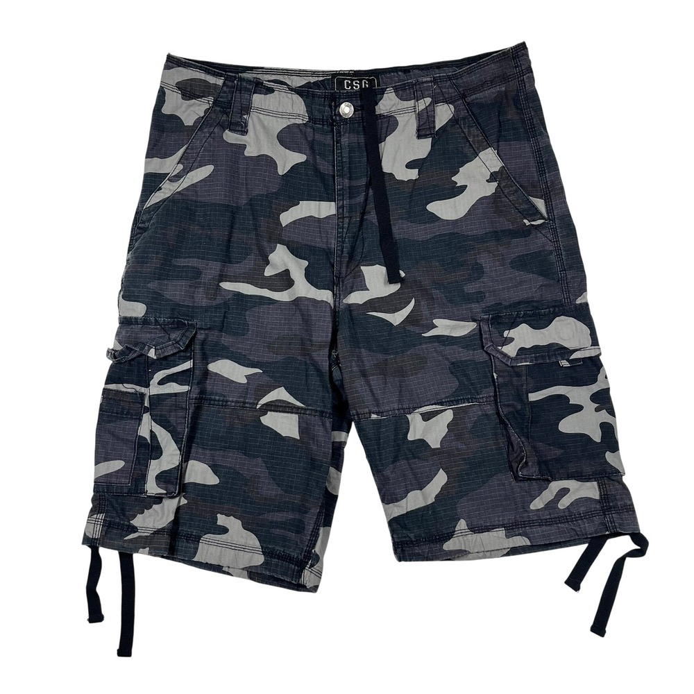 CSG Cargo Camo Ripstop Shorts Mens 38 (Fits 36W) Grey Black Streetwear Utility